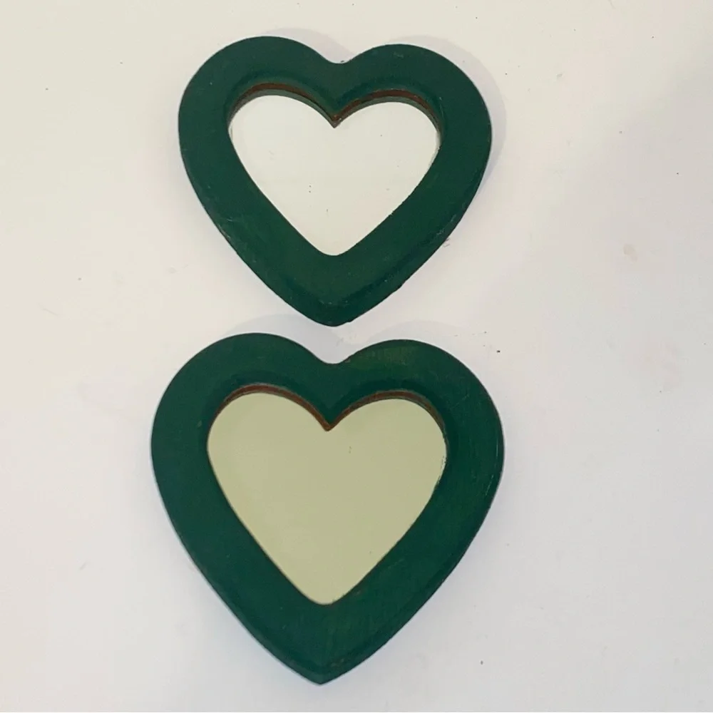 Vintage Hunter Green Painted Wooden Heart Shaped Accent Mirrors Set of 2